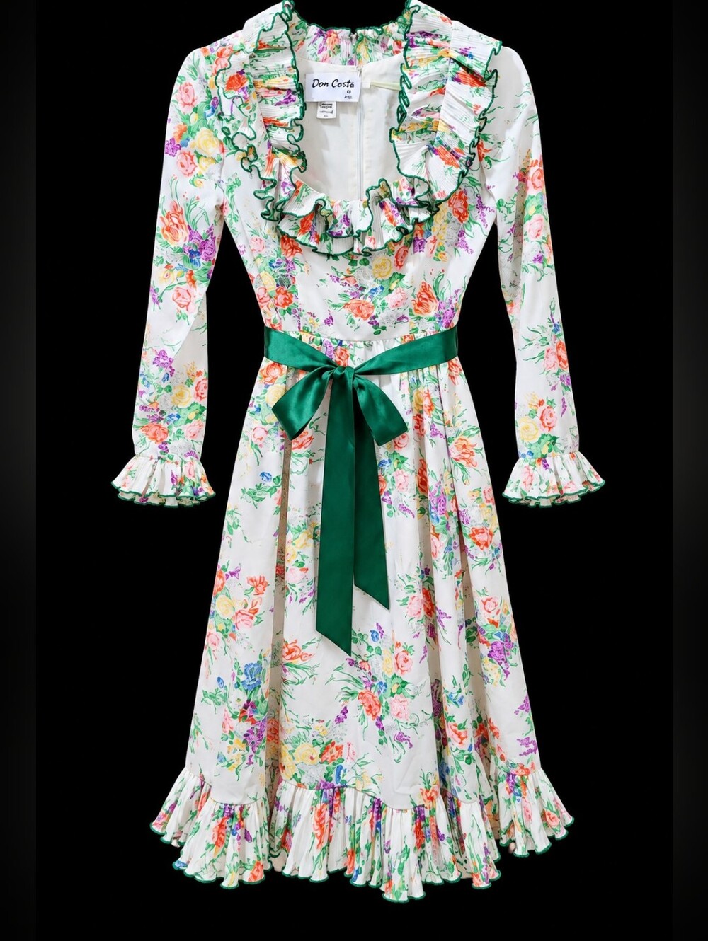 VICTOR COSTA LTD Vintage 80s Floral Ruffle Prairie Dress Green Sash Small